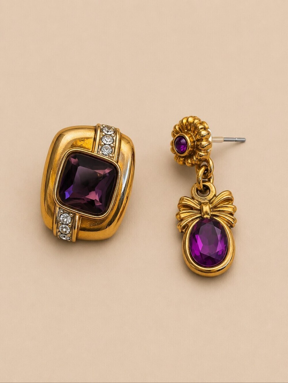 Vintage MONET Mismatched Purple Gem Post Earrings